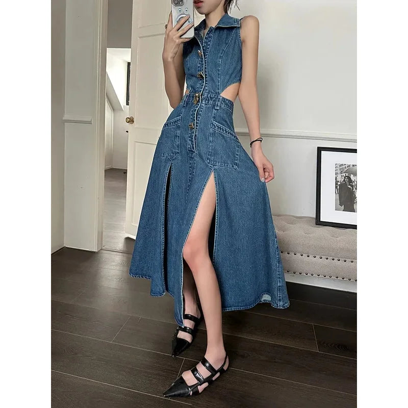 Denim Blue Button-Up High Slit Side Cut-Out Sleeveless Jean Dress