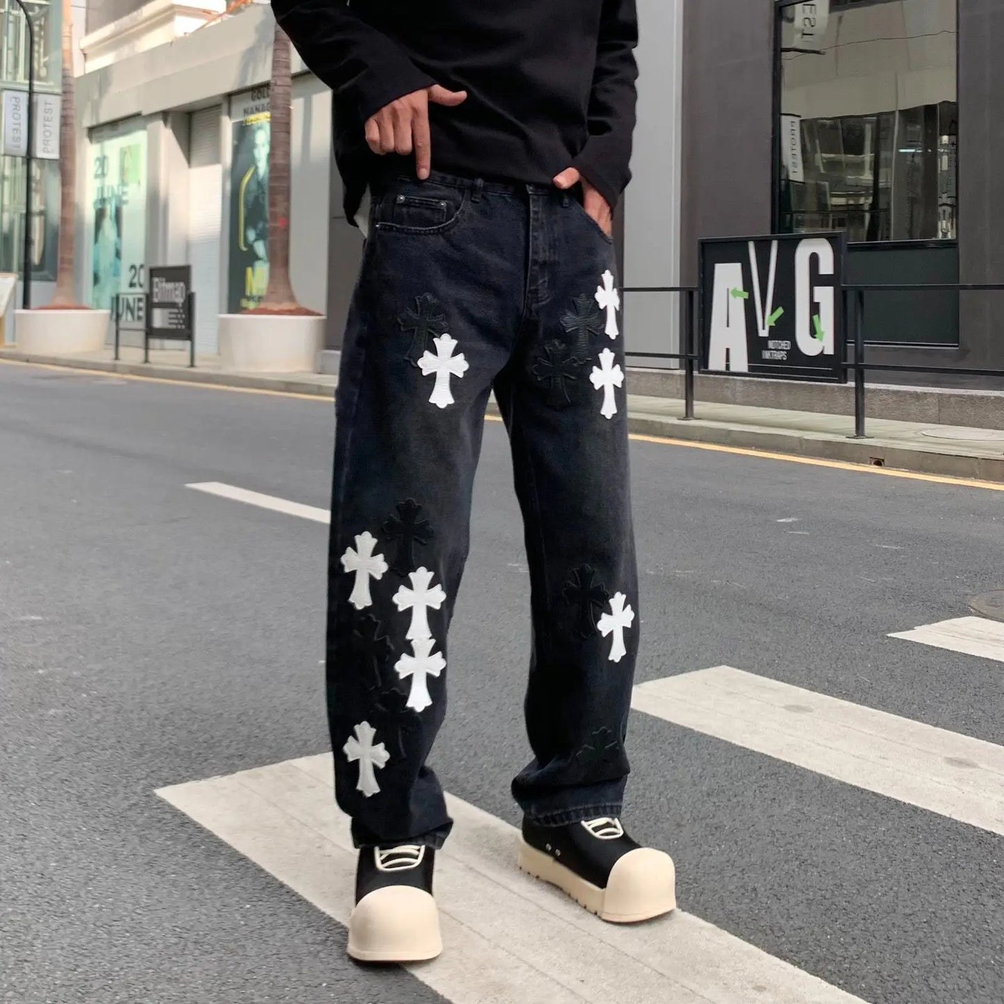 Men's Denim Black Cross Print Streetwear Mid-Rise Straight Leg Wide Leg Jeans