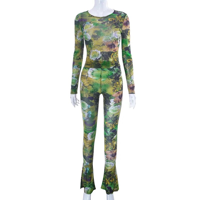 Mesh Transparent Aesthetic Print Long Sleeve Top + Skinny Leggings 2-Piece Set