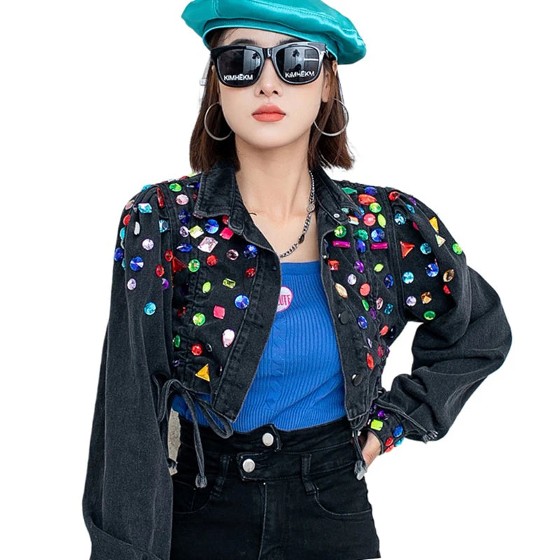 Retro Rhinestone Embellished Women's Denim Jean Jacket