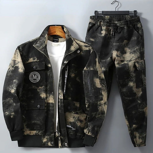 Men's Cotton Camoflauge Tie-Dye O-Neck Multi-Pocket Zipper Utility Jacket + Drawstring Cargo Sweatpants Tracksuit