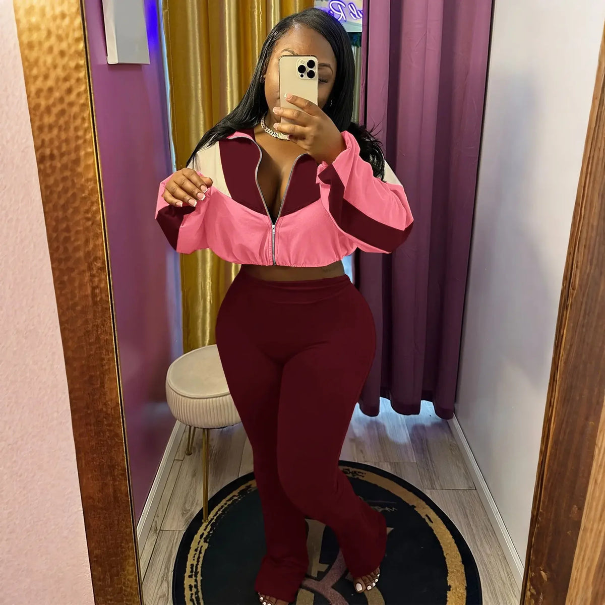 Velvet Striped Colorblock Women's Zipper Sports Jacket + Solid Sweatpants Tracksuit