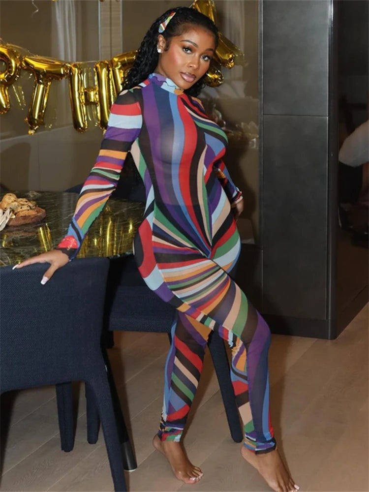 Mesh Transparent Geometric Colorblock Striped Abstract Print Long Sleeve Sexy Skin Tight Jumpsuit