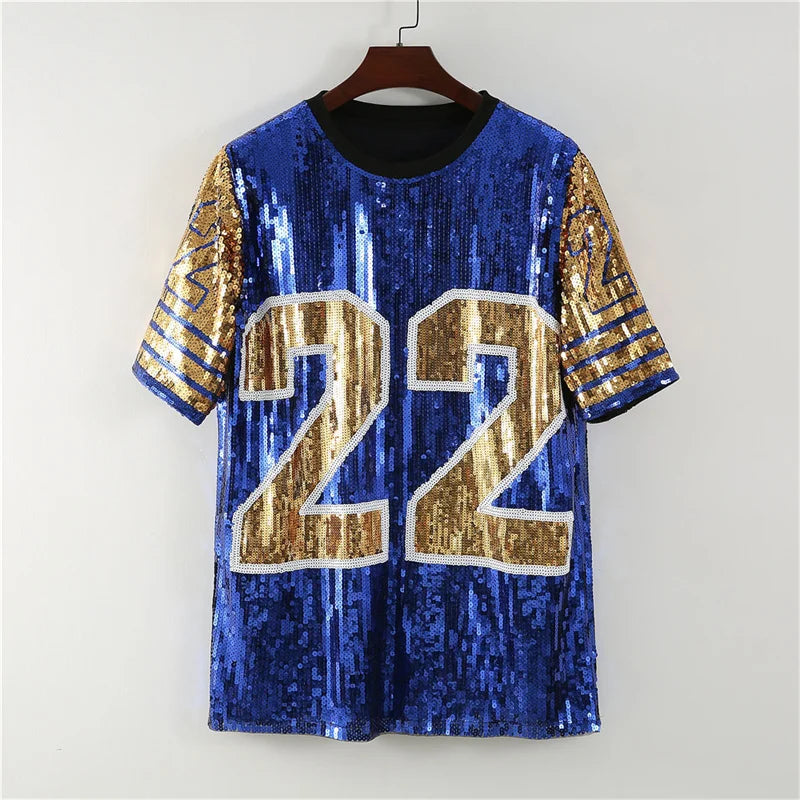 Oversized Shiny Sequin Pullover Letter Print Jersey T-Shirt Mini Dress