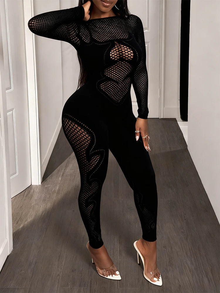 Sheer Mesh Long Sleeve Transparent Hollow-Out Body Stocking Jumpsuit