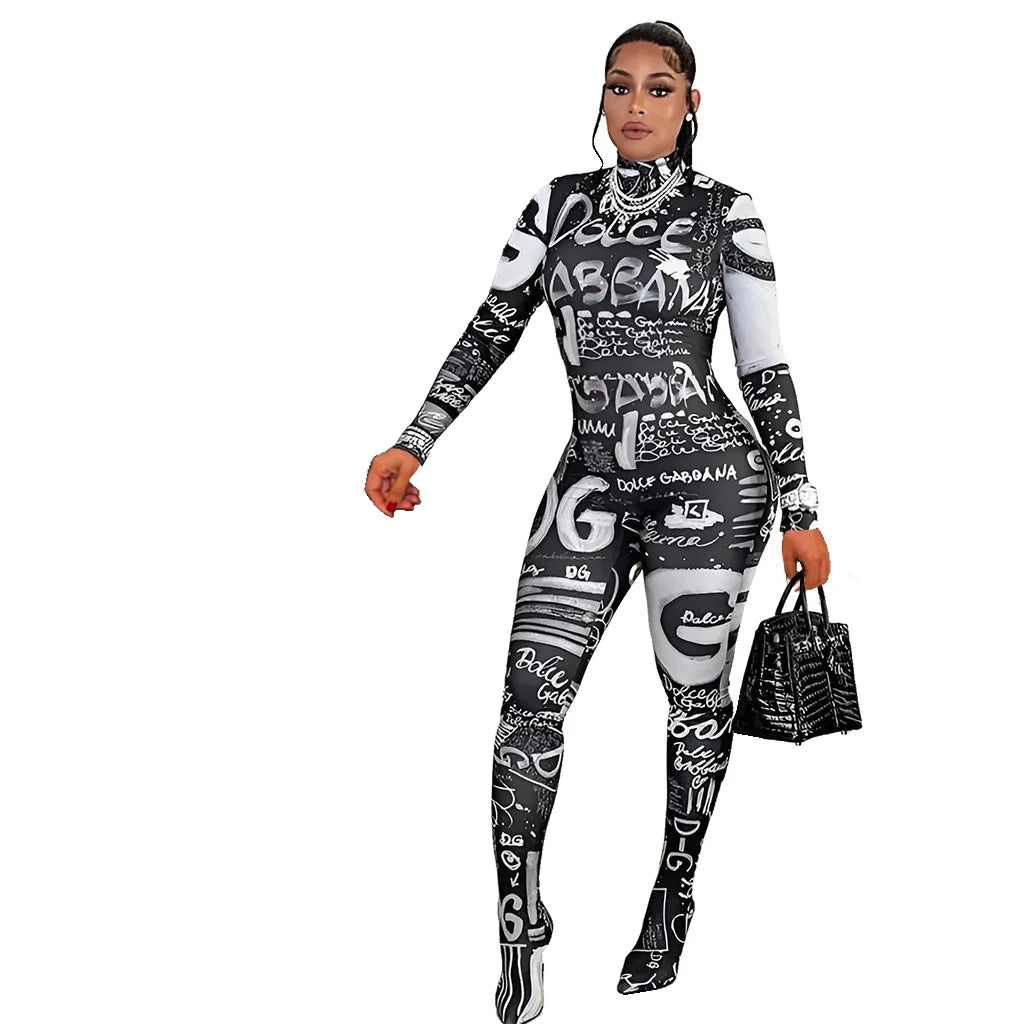 Grafitti Black/White Turtleneck Zipper Long Sleeve Bodycon Jumpsuit