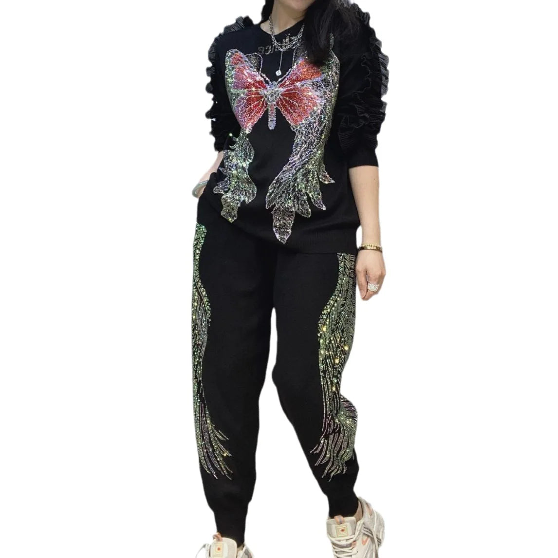 Ruffled Glitter Rhinestone Metallic Butterfly Angel Wing Printed Knitted Women's Tracksuit