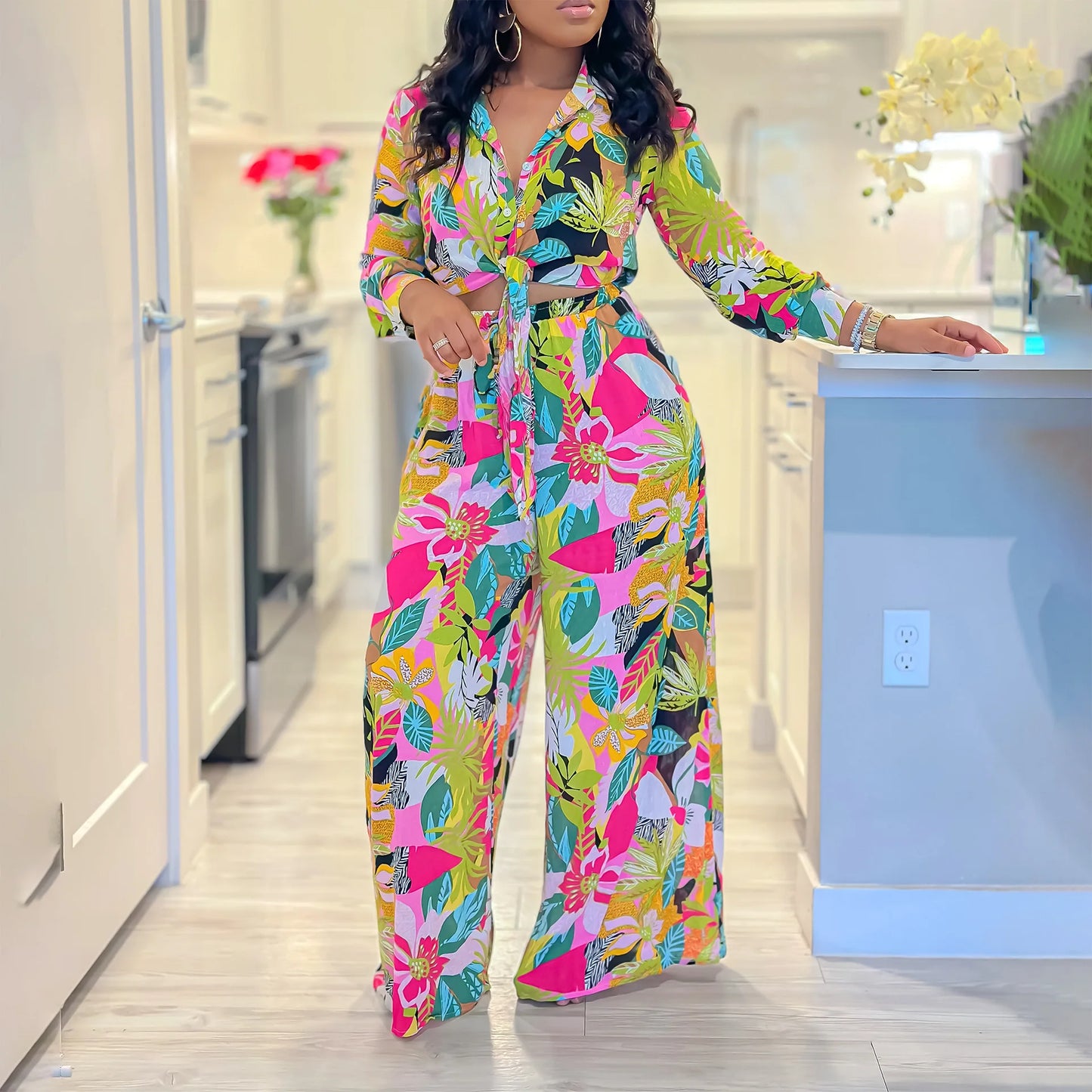 Tropical Pastel Flower Print Long Sleeve Blouse + Wide Leg Women's Trouser Pants 2-Piece Set