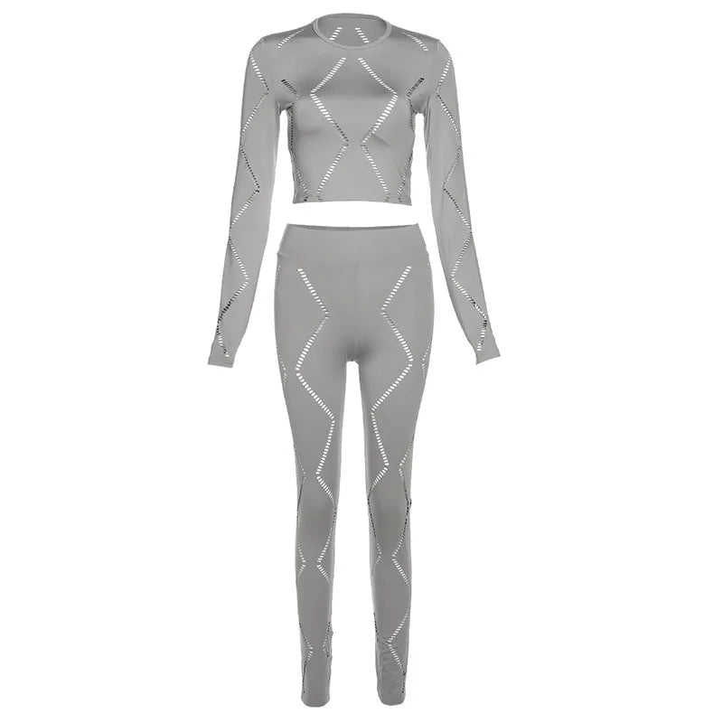 Knitted Geometric Pattern Long Sleeve Crop Top + Matching Biker Shorts Women's Solid Color 2-Piece Set