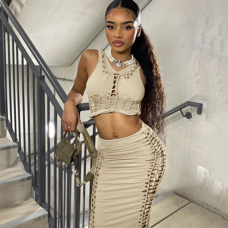 Sleeveless Ripped Streetwear Lace-Up Vest Crop Top + Hollow-Out Maxi Skirt Women's 2-Piece Set
