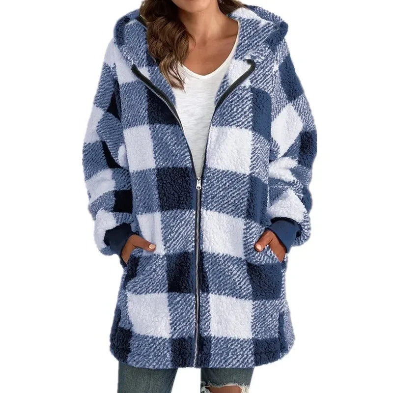 Plaid Long Sleeve Hooded Women's Loose Fit Pocketed Zipper Jacket