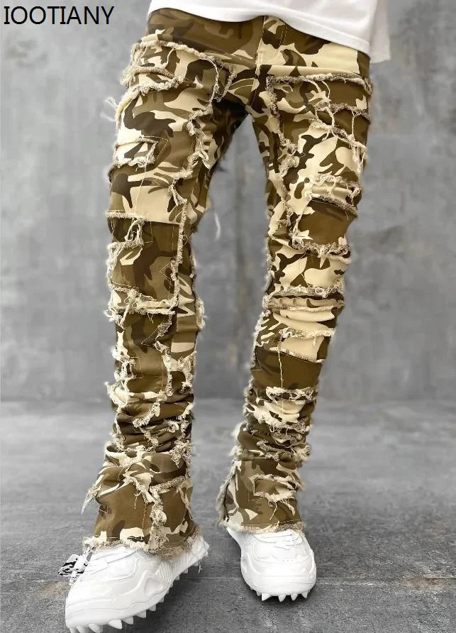 Men's Denim Fringe Ripped Hip-Hop Stretch Stacked Elastic Waist Straight Patchwork Jeans