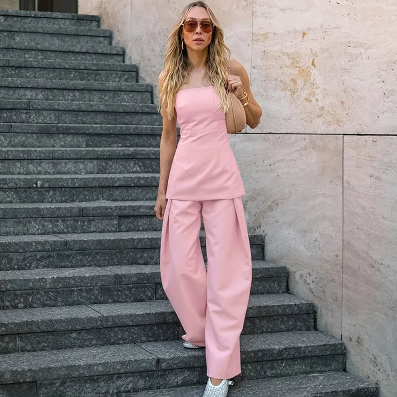 Pink Patchwork Streetwear Sleeveless Tube Top + Baggy Streetwear Pants Women's 2-Piece Set