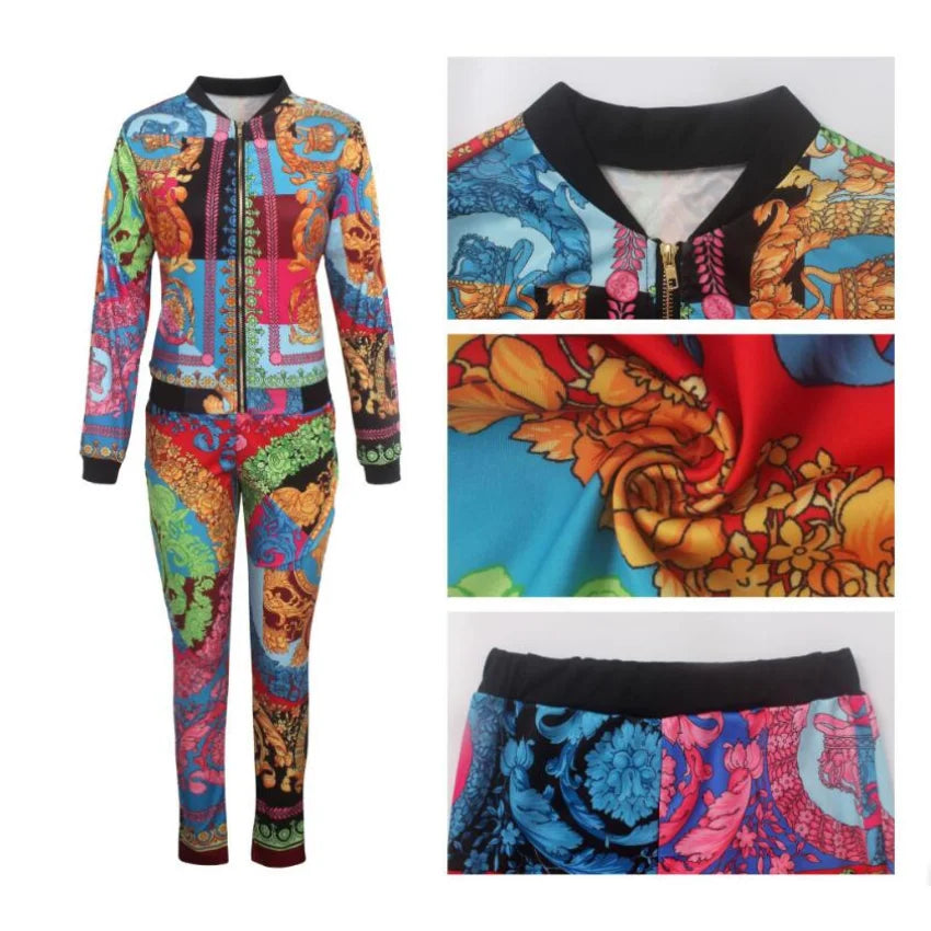 Paisley Italian Multi-Colored Print Ladies Zipper Bomber Jacket + Elastic Pants 2-Piece Set