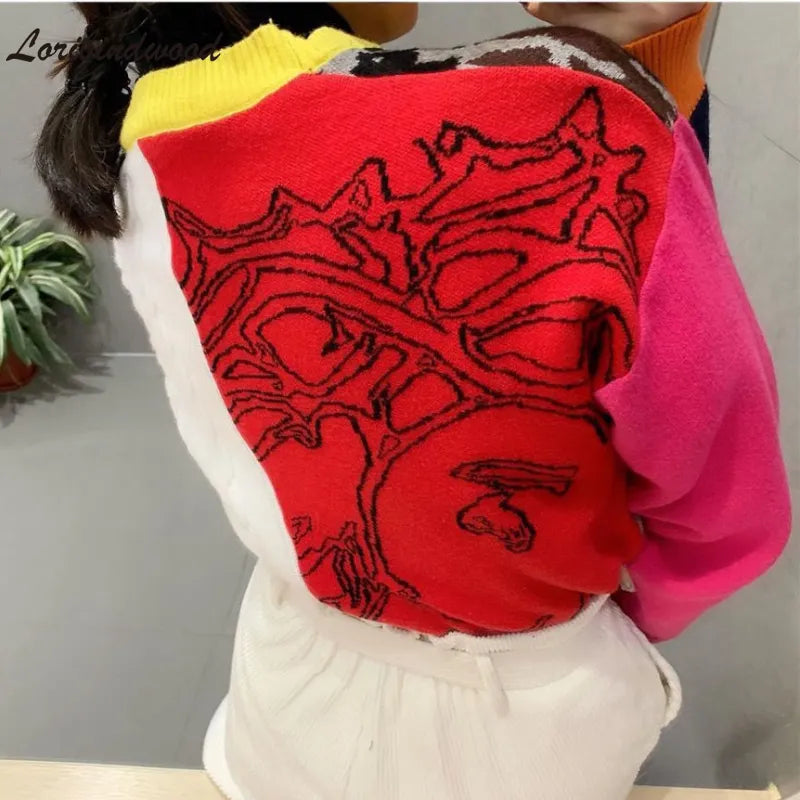 Neon Colorblock Leopard V-Neck Knitted Cardigan Sweater