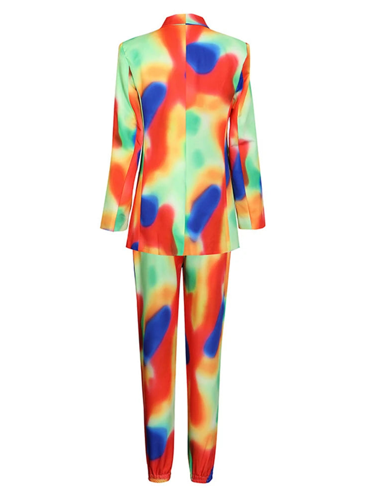 Tie-Dye Notched Collar Double Breasted Long Sleeve Blazer + Harem Pants Women's Suit