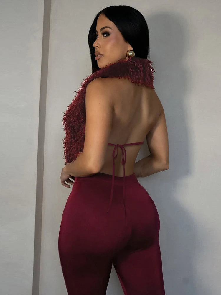 Sleeveless Faux Fur Tassel Lace-Up Halter Women's V-Neck Backless Vest + Elastic Leggings 2-Piece Set