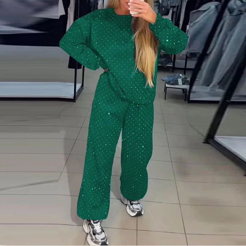 Rhinestone Glitter Women's O-Neck Pullover Sweatshirt Lace-Up Pants Tracksuit