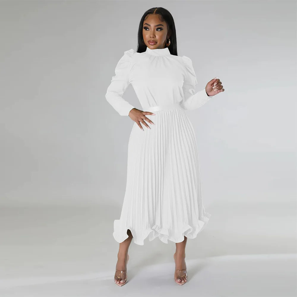 Women’s Solid Color O-Neck Lantern Sleeve Blouse + A-Line Flounce Formal Pleated Maxi Skirt w/ Sash Belt 2-Piece Set