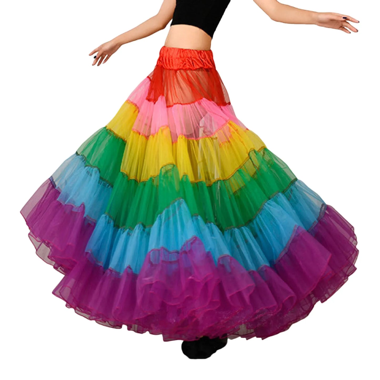 Rainbow Striped Print Oversized Multi-Layer Tulle Flared Big Swing Tutu Maxi Skirt