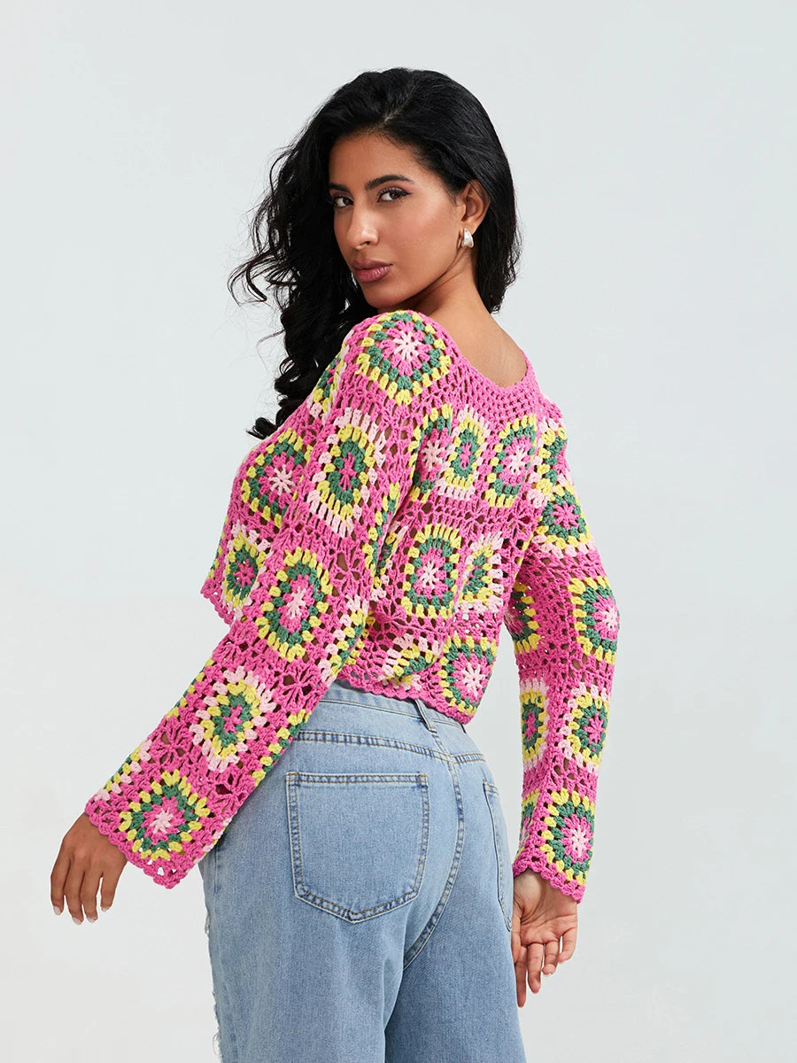 Crochet Square Floral Print Knitted Women’s Long Sleeve O-Neck Cropped Sweater