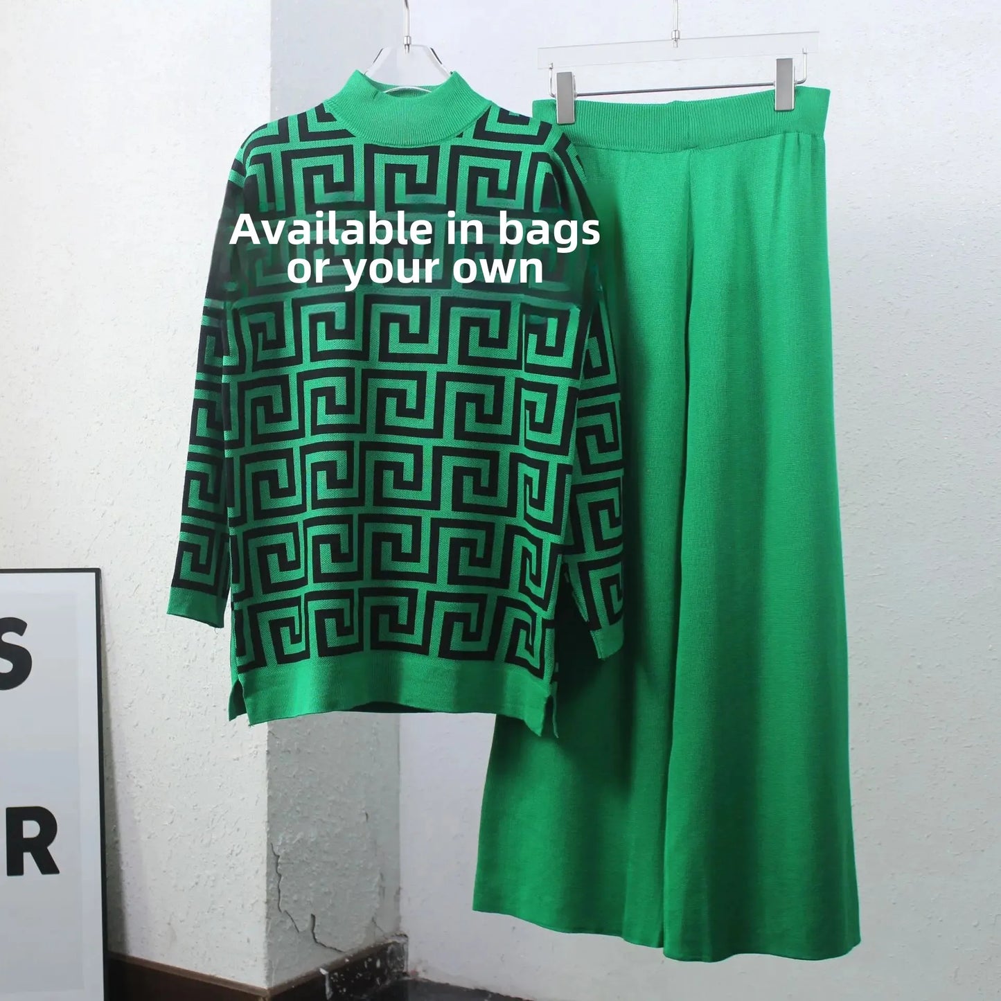 Geometric Colorblock High Collar Sweater + Wide Leg Pants Women's 2-Piece Set