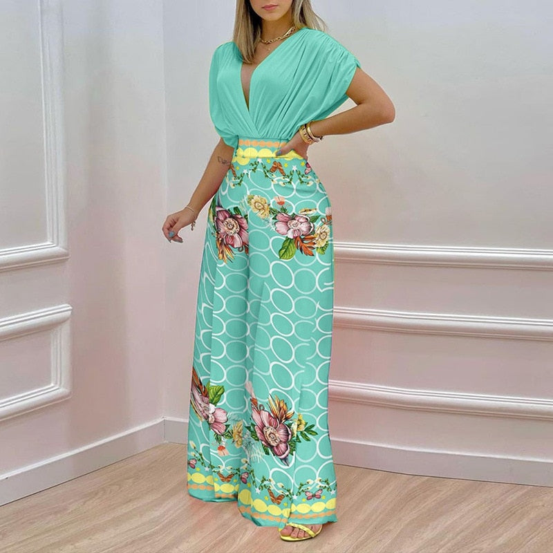 Floral V-Neck Printed Wide Leg Jumpsuit