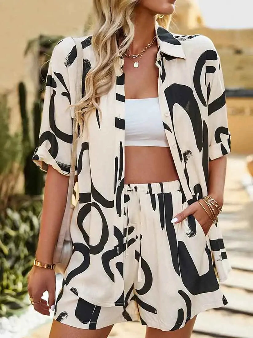 Short Sleeve Bohemian Geometric Print Turn-Down Collar Blouse + Short Women's 2-Piece Set