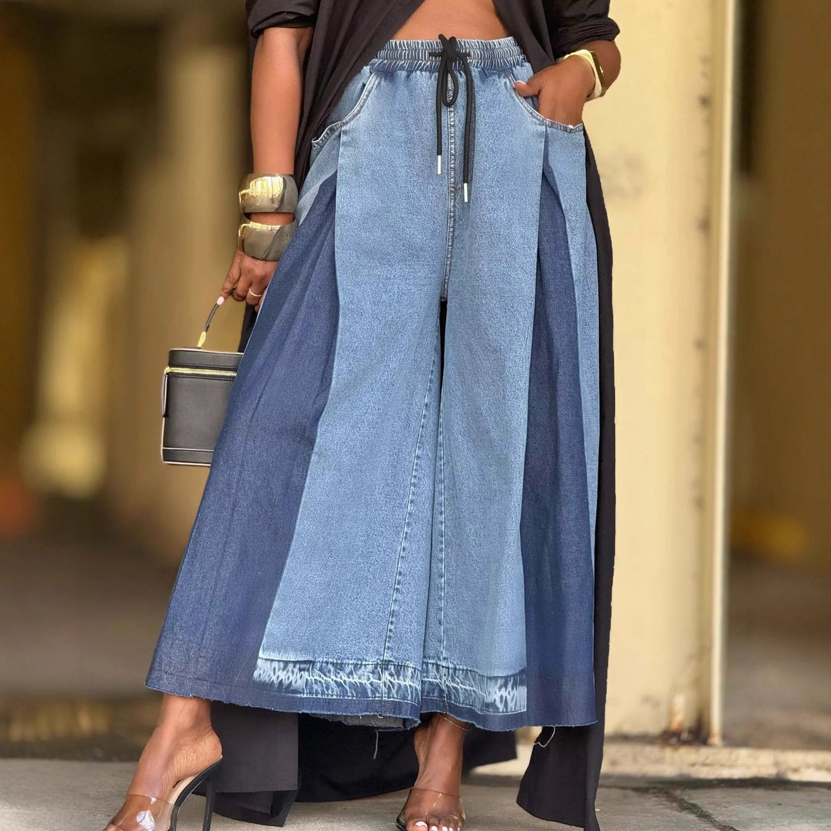 Denim 2-Tone Colorblock Elastic Waist Patchwork Washed Streetwear Distressed Women's Ankle Length Wide Leg Jeans