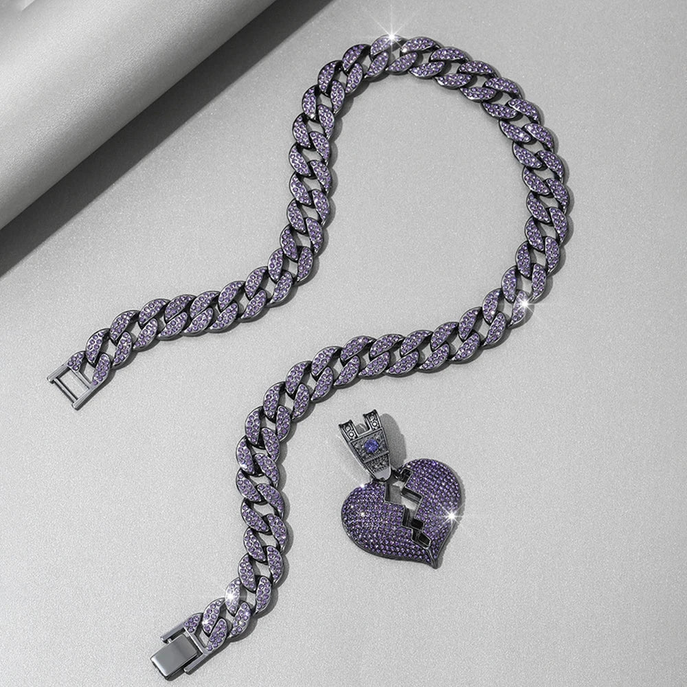 Purple Broken Heart Pendant Cuban Iced Out Hip-Hop Chain