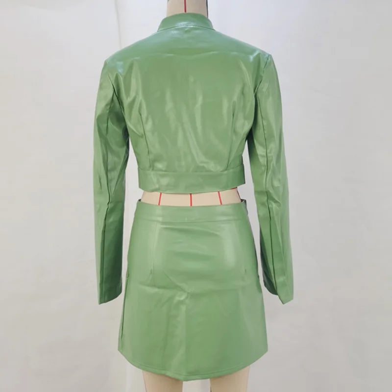 PU Leather Solid Color Women's Crop O-Neck Biker Jacket + Mini Skirt 2-Piece Set