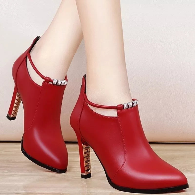 Shallow PU Leather Round Toe Women's Thin Heel Zipper Ankle Boots