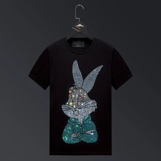 Men's Streetwear Rhinestone Bunny Rabbit Short Sleeve O-Neck Skinny T-Shirt