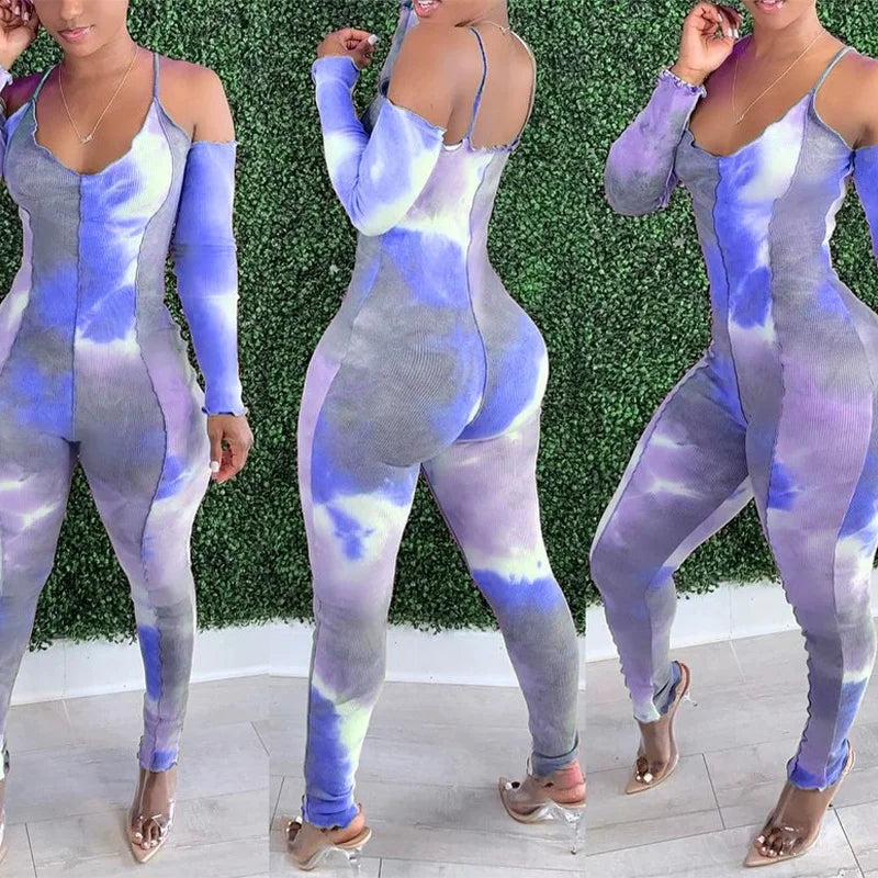 Tie-Dye Print Off-the-Shoulder Deep V-Neck Sexy Camisole Long Sleeve Bodycon Skin Tight Women's Jumpsuit