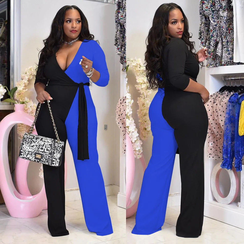 Colorblock Straight Trouser V-Neck Sash Belt Plus Size Jumpsuit to 5X