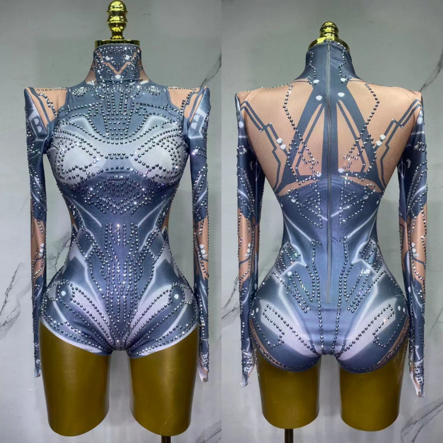 Sparkling Rhinestone Hollow-Out Long Sleeve Stage Formal Stage Performance Skin Tight Bodysuit
