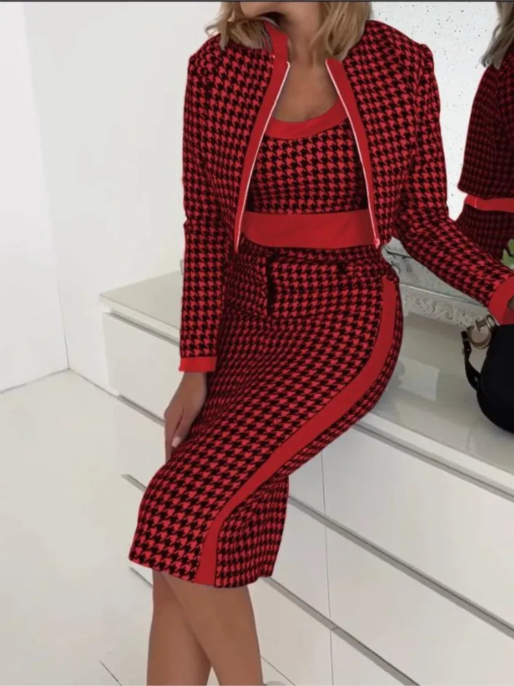 Plaid/Houndstooth/Geometric Blazer Jacket + Matching Cami Top + Midi Skirt 3-Piece Suit