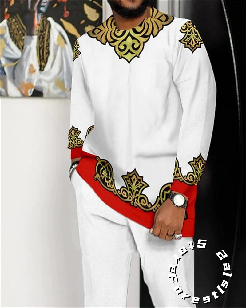 Men's O-Neck Colorblock Striped/African Print Long Sleeve Dress Shirt + Pants 2-Piece Suit to 4X Big & Tall