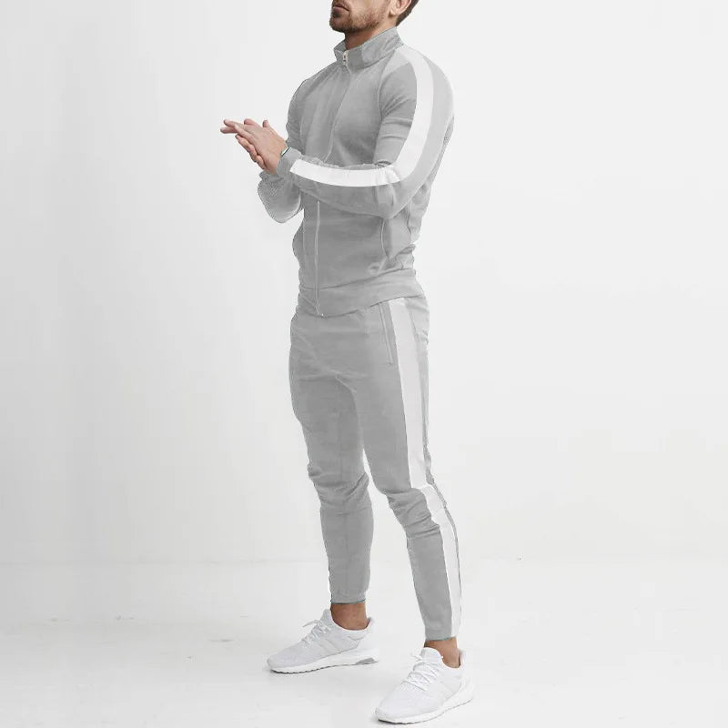 Men's Striped Mandarin Collar Fitness Zipper Jacket + Skinny Side Striped Jogger Sweatpants Tracksuit
