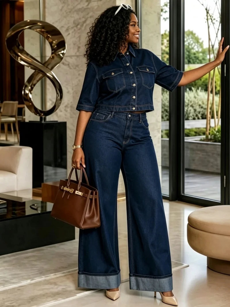 Dark Blue Denim Button Front Turn-Down Collar Short Sleeve Jean Shirt + Wide Leg Cuffed Jeans 2-Piece Set to 3X Plus Size