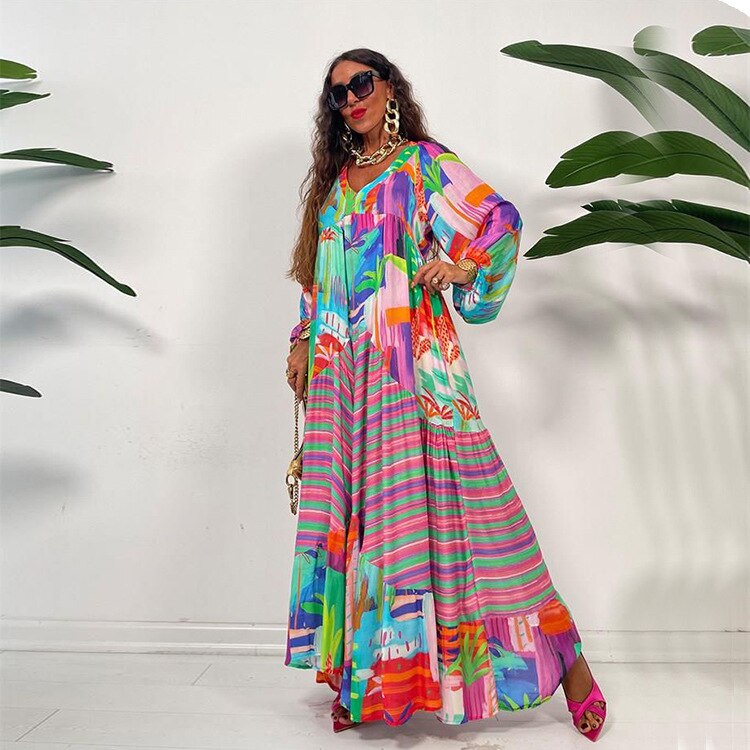 Oversized Long Sleeve V-Neck Printed Maxi Dress to 3X Plus