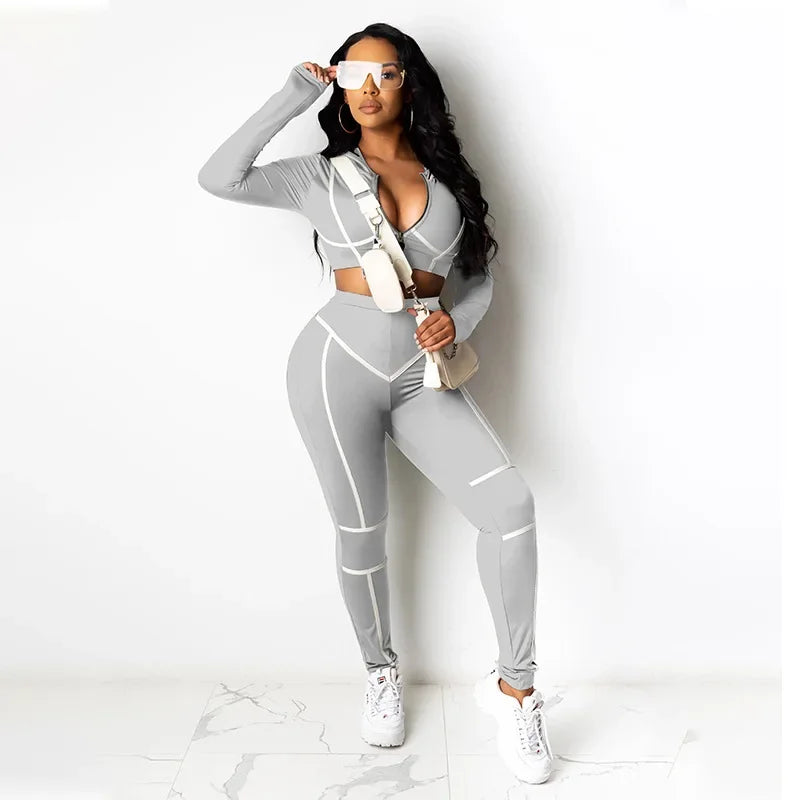 Striped Line Design Women's Cropped Zipper Sports Jacket + Sweatpants Tracksuit