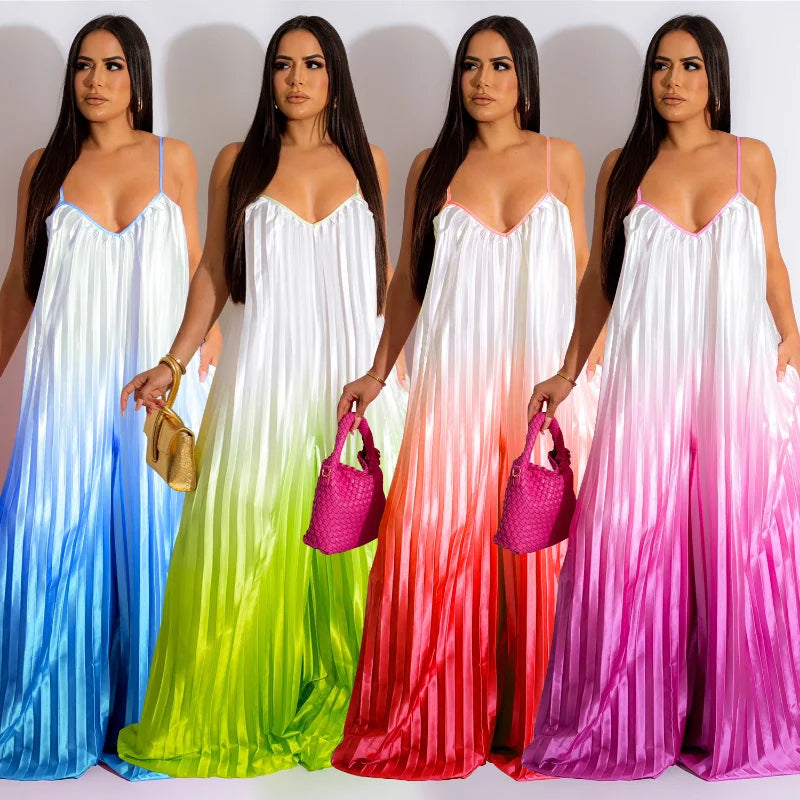 Gradient Colorblock Pleated Oversized V-Neck Spaghetti Strap Sleeveless Lace-Up Backless Wide Leg Jumpsuit