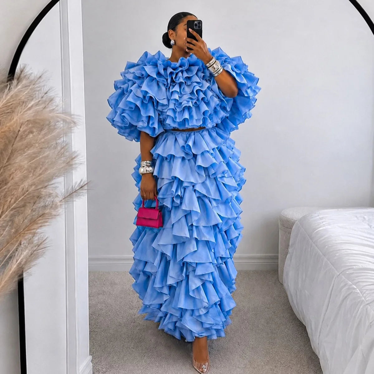 Blue Ruffled Oversized Puff Sleeve Women's Crop Top + Tiered Maxi Skirt Formal 2-Piece Set