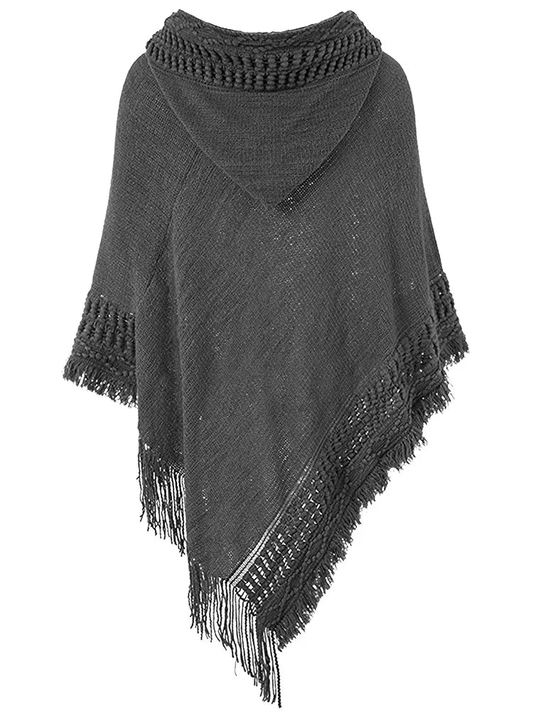 Fringe Tassel Women's Knitted Hooded Crochet Shawl Wrap Sweater