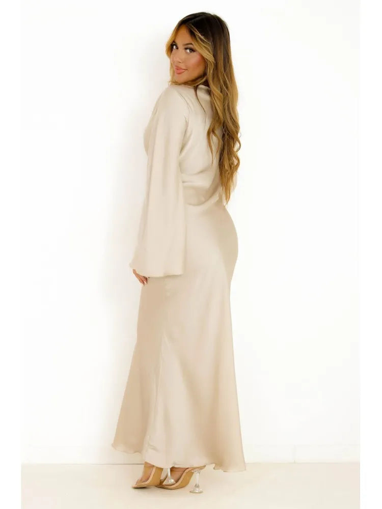 Satin Solid Flared Long Sleeve Maxi Dress