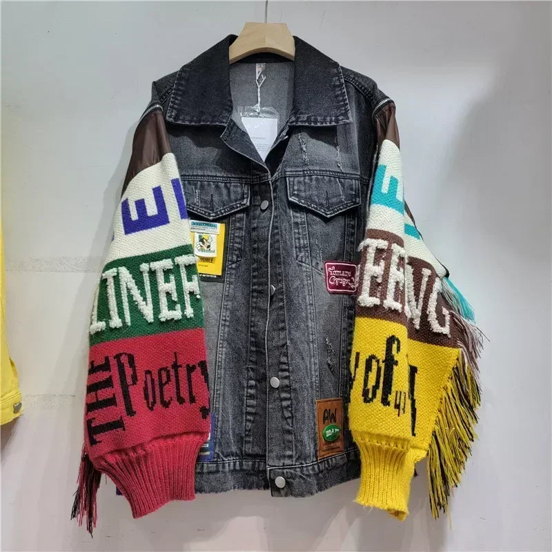 Alphabet Denim Patchwork Knitted Spliced Tassel Fringe Streetwear Women's Wool Sweater Jean Jacket
