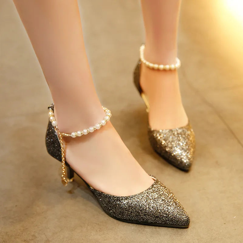 Metallic Glitter Pearl Chain Ankle Strap Pointed Toe Low Heel Bridal Wedding Pumps