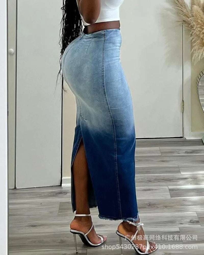 Blue Colorblock Gradient Denim Tie-Dye Print Raw Tassel Hem High Slit Jean Bodycon Maxi Skirt