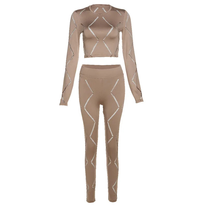 Knitted Geometric Pattern Long Sleeve Crop Top + Matching Biker Shorts Women's Solid Color 2-Piece Set